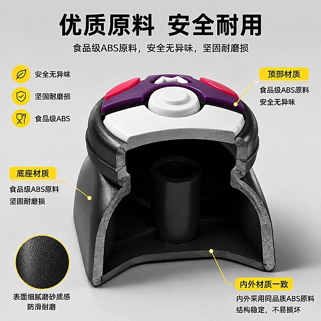 [主图-13] 材质用料展示
[氛围风格] 材质特写，专业科普风
[画质] 微距高清摄影，细节清晰，质感真实
[元素] 保持键帽外观与原图一致，放大展示键帽底座材质和顶部拼合材质，标注食品级ABS原料，安全无异味，坚固耐磨损。通过剖面展示内外材质一致
[光影] 侧光突出材质颗粒感，剖面分界线清晰，细节锐利
[配色] 保持产品原有色彩，标注用黄色高亮，背景浅灰
[视角构图] 特写居中，剖面细节占据画面主要位置，信息直接
[文字版式] 顶部主标题"优质原料 安全耐用"，标注文字清晰放置在对应位置，不遮挡核心细节
[比例分辨率] 1:1比例，4k分辨率，文字清晰可辨，超高清
[负向提示词] 变形，文字错乱，产品图模糊，背景杂乱，水印，电商平台Logo
