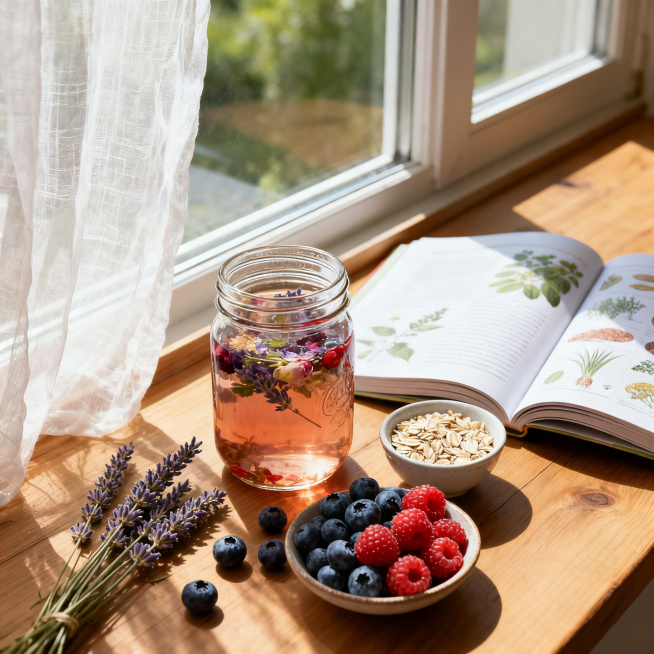 自然系健康养生实拍图，原木窗边的桌面上摆放着玻璃罐泡的花果茶、新鲜的蓝莓与树莓、一小碗燕麦、几支干薰衣草，旁边摊开着一本自然科普读物，阳光透过纱帘洒下，整体色调明亮清新，充满舒适松弛的轻养生氛围感，细预览效果