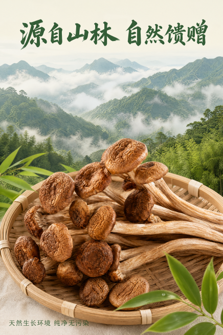 [第2屏] 产地展示屏，茶树菇自然产地山林环境
[氛围/风格] 新中式国潮风格，自然原生态氛围感，商业摄影质感
[元素布局] 上半部分展示层叠山林实景，云雾缭绕青翠远山，下半部分放置干茶树菇放在竹编簸预览效果