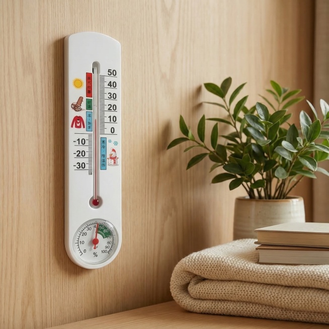 将原图片中的温湿度计替换背景为浅木纹墙面的卧室居家场景，保持温湿度计原垂直居中位置与角度不变，保持所有刻度和文字内容清晰不变，保持温湿度计主体物理结构不变。在温湿度计右侧紧邻墙面自然摆放一盆绿植、一条预览效果