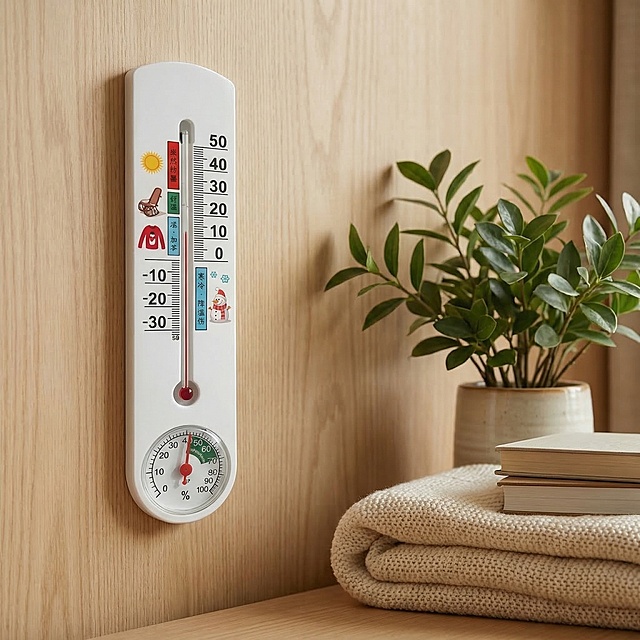 将原图片中的温湿度计替换背景为浅木纹墙面的卧室居家场景，保持温湿度计原垂直居中位置与角度不变，保持所有刻度和文字内容清晰不变，保持温湿度计主体物理结构不变。在温湿度计右侧紧邻墙面自然摆放一盆绿植、一条折叠毛毯和两本叠放的书本，三者高度与温湿度计中段对齐。整体调整为柔和室内漫射光，增强温湿度计立体感但不改变其原有明暗关系。商业高调摄影，光影自然，层次清晰，融合真实，保持产品清晰不变形。