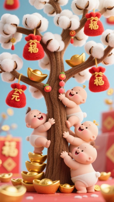 一棵由棉花和软糖制成的发财树，树枝上挂满了红色的福袋和毛绒金元宝。几个胖乎乎的元宝宝贝正用短短的手臂努力地拥抱树干，脸上是幸福满足的笑容。树下还有几个元宝正试图叠罗汉去够树上的福袋，场景温馨有趣。预览效果