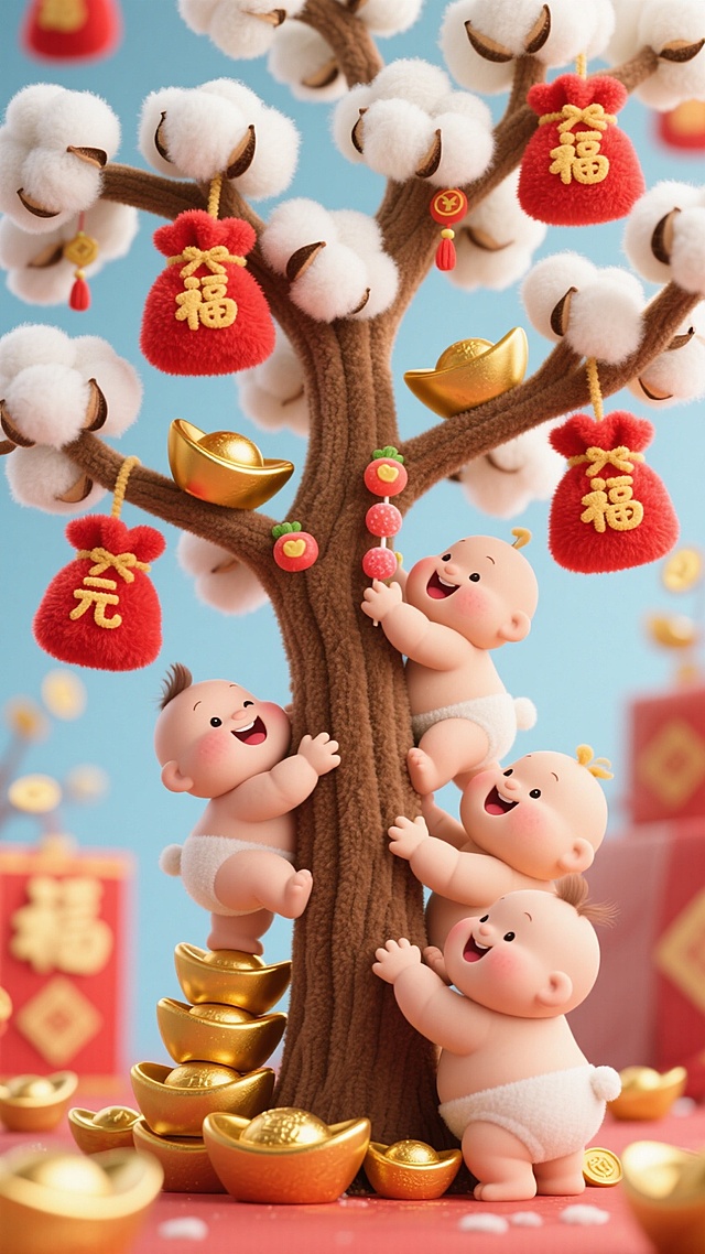 一棵由棉花和软糖制成的发财树，树枝上挂满了红色的福袋和毛绒金元宝。几个胖乎乎的元宝宝贝正用短短的手臂努力地拥抱树干，脸上是幸福满足的笑容。树下还有几个元宝正试图叠罗汉去够树上的福袋，场景温馨有趣。