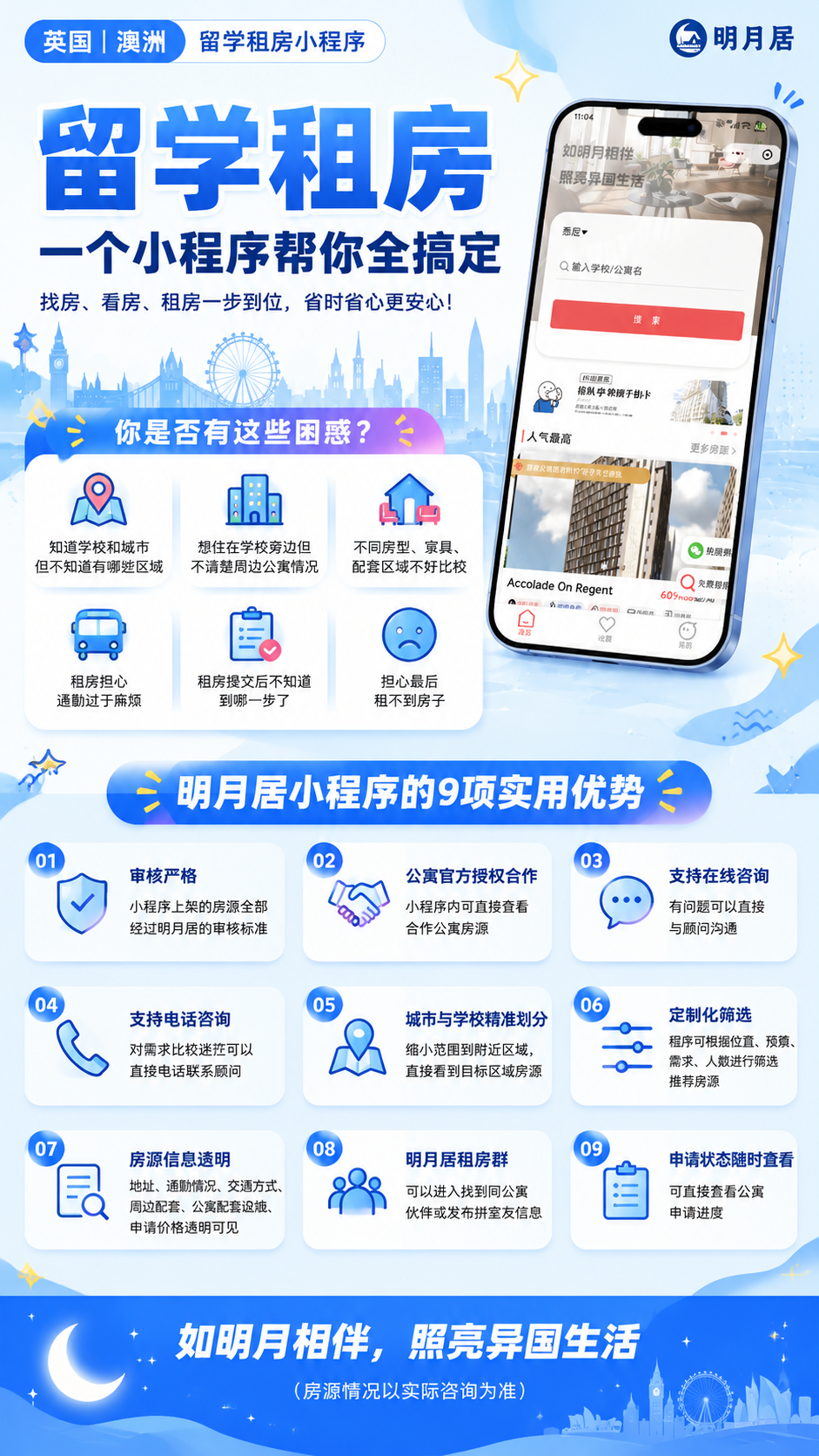 重新设计一张留学租房小程序宣传海报，竖版9:16，蓝色系配色，… - 图片创意预览