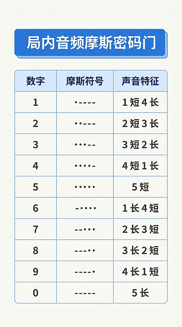 局内音频摩斯密码门
数字	摩斯符号	声音特征
1	·----	1 短 4 长
2	··---	2 短 3 长
3	···--	3 短 2 长
4	····-	4 短 1 长
5	·····	5 短
6	-····	1 长 4 短
7	--···	2 长 3 短
8	---··	3 长 2 短
9	----·	4 长 1 短
0	-----	5 长