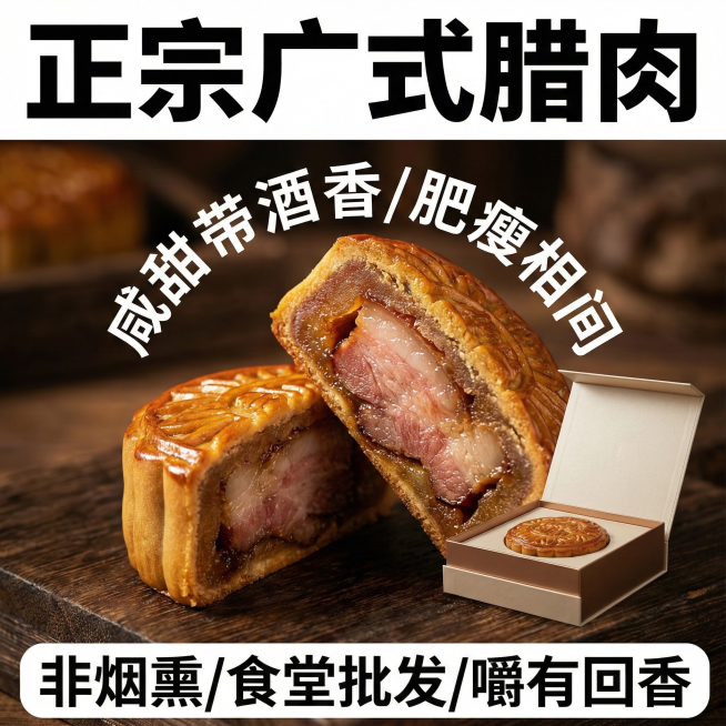 这张图片是产品主体这款产品是广式腊肉 我需要设计20张主图在拼多多上面售卖    主图场景布局可以用厨房 炒腊肉 腊肉细节等设计一个高级有食欲一些主图文案内容 正宗广式腊肉 厂家直销 新鲜现货 咸甜相预览效果