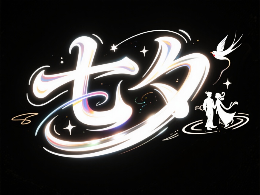 字体标志七夕"，创意字体设计增加七夕相关元素，中式涂鸦风格，艺术，中文字体，线条流畅，动感，活力，兴奋。”高级感，黑色背景。字体白色预览效果
