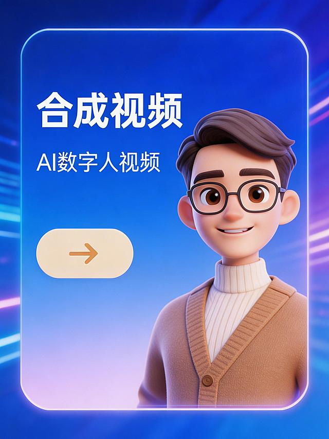 基于原图左侧的合成视频卡片重新制作，改为AI科技风，保留文案"合成视频"和"AI数字人视频"，保留箭头按钮，保留3D男数字人形象，科技感发光蓝紫渐变背景，保持竖版卡片构图