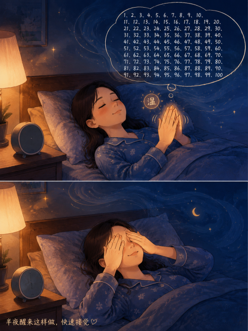 深夜卧室场景，床头柜上放着小闹钟，但不显示时间，避免焦虑。一位穿着睡衣的女性闭着眼睛平躺在床上，双手掌心相对正在轻轻搓动，有细腻的弧线和"温"字小图标表示摩擦生热。下一个画面分镜显示她将搓热的双手敷在预览效果