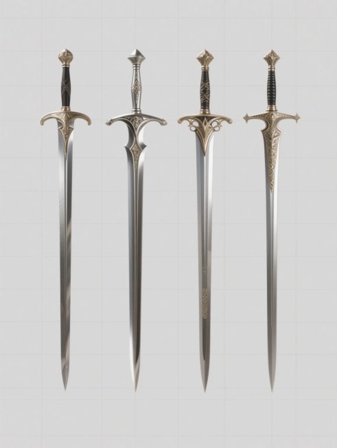 四个不同样式的宝剑，采用简约现代的整体造型，每个宝剑都具有独特的设计细节，保持与原图一致的精致金属质感和华丽装饰风格，宝剑以规整的网格排布在纯色背景上，无任何文字、logo和水印。预览效果