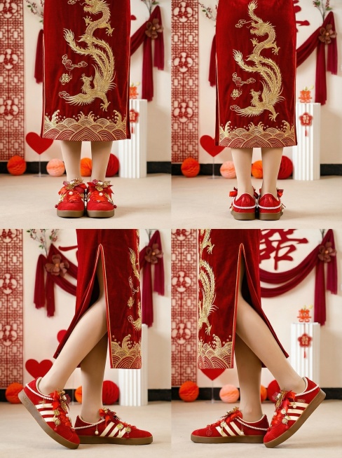 帮我生成图片：帮我生成图片：帮我生成一组，一组4张，鞋子上脚宣传特写场景图，不露脸，从腰到脚的鞋子上脚效果图，多角度展示鞋子，身上穿着图片2的衣服，衣服一定要保持一致，长度到小腿，穿着肤色光腿神器，背预览效果