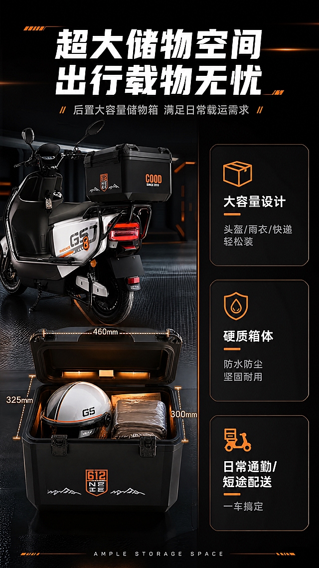 [商品] 使用【图1】凤凰G5电动两轮车；重点保留车尾黑色硬质储物箱及箱体"612 NOTE""COOD"字样，保留车身整体结构。产品角度调整为右后45度，突出储物箱部分。
[画面] 目标：储物空间实测展示，突出载物能力。构图采用左右分栏型，左侧为储物箱特写+内部空间示意，右侧为数据对比和说明。产品占画面约55%，储物箱区域放大展示，用半透明示意线标注内部尺寸。背景为深色科技感，储物箱内部有暖光照明效果。阅读动线：顶部标题→左侧储物箱视觉→右侧数据说明。
[视觉] 套系策略：风格=深色科技性能风商业摄影；标题字=现代粗黑无衬线体；正文字=简洁无衬线体；主色=深黑灰；背景延展=基于深黑灰做渐变层级、橙色光带点缀、金属质感地面反光；强调色=橙色，仅用于小面积图标、引线、标签和光效；标题色=白色；正文色=浅灰色；组件=圆角深色信息卡、细线引线、橙色高亮标签；光影=左前侧主光+右侧轮廓光，产品立体感强。
[文字] 顶部主标题"超大储物空间 出行载物无忧"，副标题"后置大容量储物箱 满足日常载运需求"。左侧储物箱配尺寸引线标注，右侧3个数据卡："大容量设计 头盔/雨衣/快递轻松装"、"硬质箱体 防水防尘 坚固耐用"、"日常通勤/短途配送 一车搞定"。底部小字英文"AMPLE STORAGE SPACE"点缀。文字均为横排。
[规格] 图片比例9:16竖版，4K，负向提示：避免变形、错字、文字过小、储物箱文字改变、产品结构缺失、颜色改变、冷蓝背景、竖排文字、旋转文字。