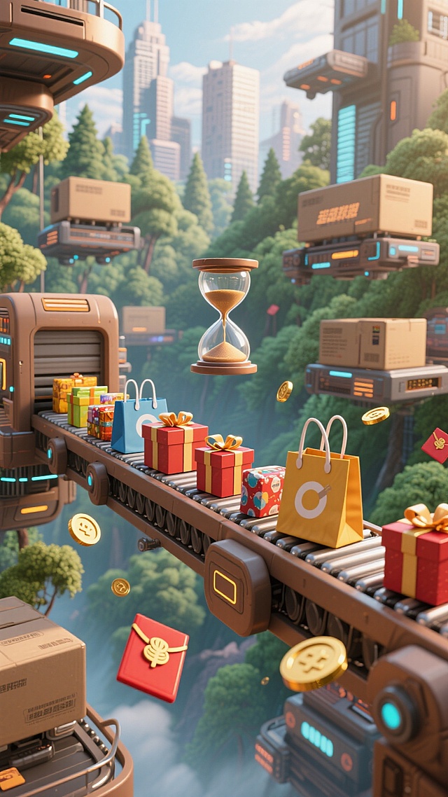 画面中心是悬空的传送带上的礼盒、购物袋和各类商品。城市背景，未来科技感的空中物流，点缀悬浮小沙漏、红包、金币，森林背景，棕色色调
