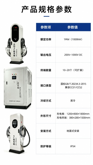 [第4屏] 规格参数-兆瓦超充分体式充电堆核心参数表。本屏使用【图1】放置产品缩略图在左侧。
[氛围/风格] 严谨专业参数卡风格，白底清晰表格，信息一目了然。
[元素布局] 左侧小尺寸产品图展示，右侧预览效果