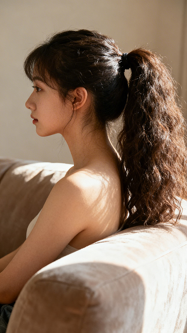 年轻女子侧坐在柔软的沙发上，展示出她的上半身，扎着又粗又长的马尾辫，发质蓬松浓密，整体氛围舒适自然