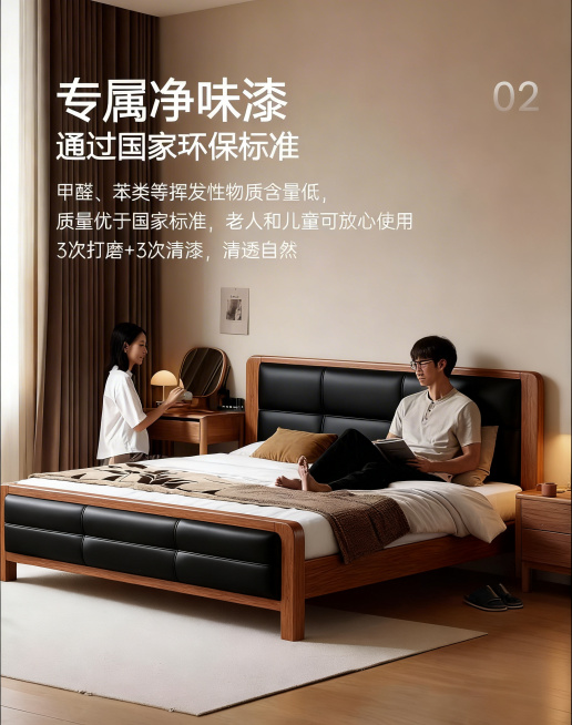 再次重新生成：精准将第一张图中的原木床替换为第二张图的黑软包靠背全实木床，完全保留原图所有文字、两个人物位置姿态、家具布局、暖色调卧室光线风格，保证构图和元素位置和原图完全一致预览效果