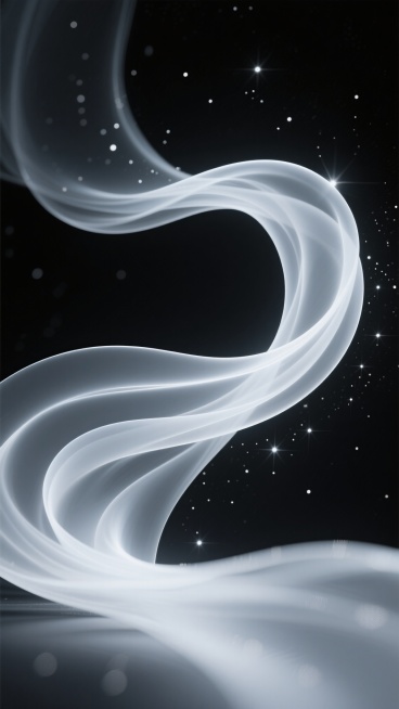 深邃纯黑背景，画面下方以流畅飘逸的白色半透明丝绸般曲线为主视觉元素，线条呈现自然的波浪状交织与流动感，仿佛在黑色空间中轻盈舞动。无数细小的白色光点零星散布于曲线周围及背景中，如同星尘般闪烁，增添梦幻神秘氛围。整体构图采用动态不对称设计，视觉重心偏向下方，光线柔和，曲线边缘有轻微的高光晕染效果，营造出空灵、静谧且富有科技感的抽象背景。预览效果