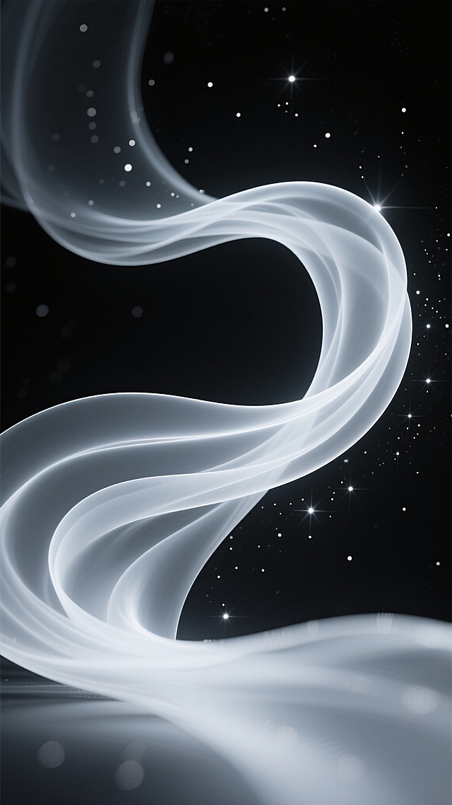 深邃纯黑背景，画面下方以流畅飘逸的白色半透明丝绸般曲线为主视觉元素，线条呈现自然的波浪状交织与流动感，仿佛在黑色空间中轻盈舞动。无数细小的白色光点零星散布于曲线周围及背景中，如同星尘般闪烁，增添梦幻神秘氛围。整体构图采用动态不对称设计，视觉重心偏向下方，光线柔和，曲线边缘有轻微的高光晕染效果，营造出空灵、静谧且富有科技感的抽象背景。