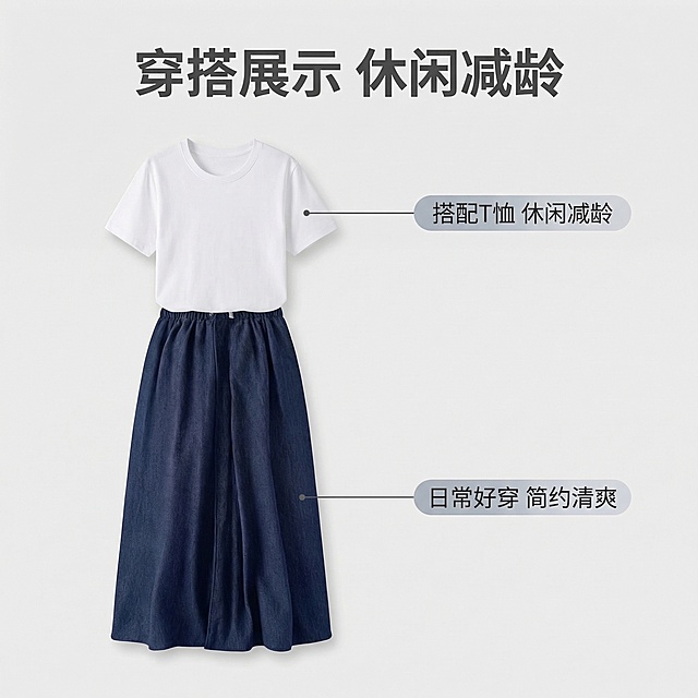 参考上传的牛仔裙电商选项图风格，生成1:1比例的牛仔裙电商选项图，浅灰色背景，包含产品展示与细节标注，内容为牛仔裙搭配T恤穿搭效果展示，标注文字说明搭配T恤休闲减龄、日常好穿，整体风格简约清爽，符合电商选项图规范，和参考图视觉效果一致