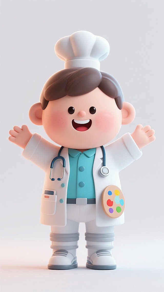 3D卡通风格，可爱Q版人物，白色背景，圆滚滚的身体比例，夸张的大头小身设计，明亮柔和的光影，高饱和度的色彩搭配，光滑细腻的材质表现，微笑的表情，张开双臂的动态姿势，职业造型（如医生、厨师、宇航员、画家等），专业的职业服饰与配饰，清晰的轮廓边缘，无背景简洁构图，细节丰富的服装纹理，生动的肢体语言，充满活力的整体氛围