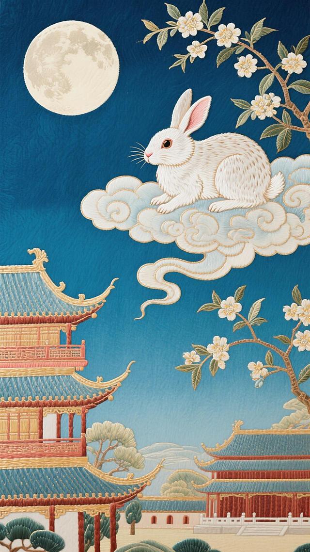 工笔细腻，刺绣质感，浮雕层次，月兔云间，古建筑与梅花相映，中秋意境唯美优雅。