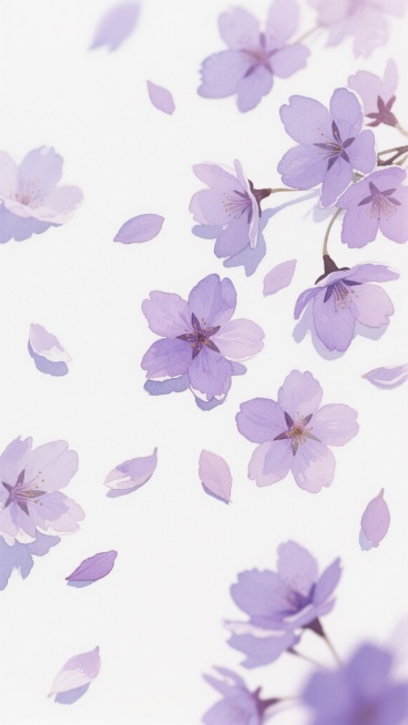 水彩风格插画，以清新淡雅的浅紫色与深紫色为主色调，描绘散落的樱花花瓣与花朵，花瓣边缘柔和模糊，色彩过渡自然，带有水彩特有的透明晕染质感，整体画面轻盈梦幻，背景为纯净的白色，营造出宁静唯美的氛围，构图呈现不规则的散落分布，花朵与花瓣大小不一，错落有致，光影柔和，无明显阴影，保持水彩画的通透感和艺术表现力。预览效果