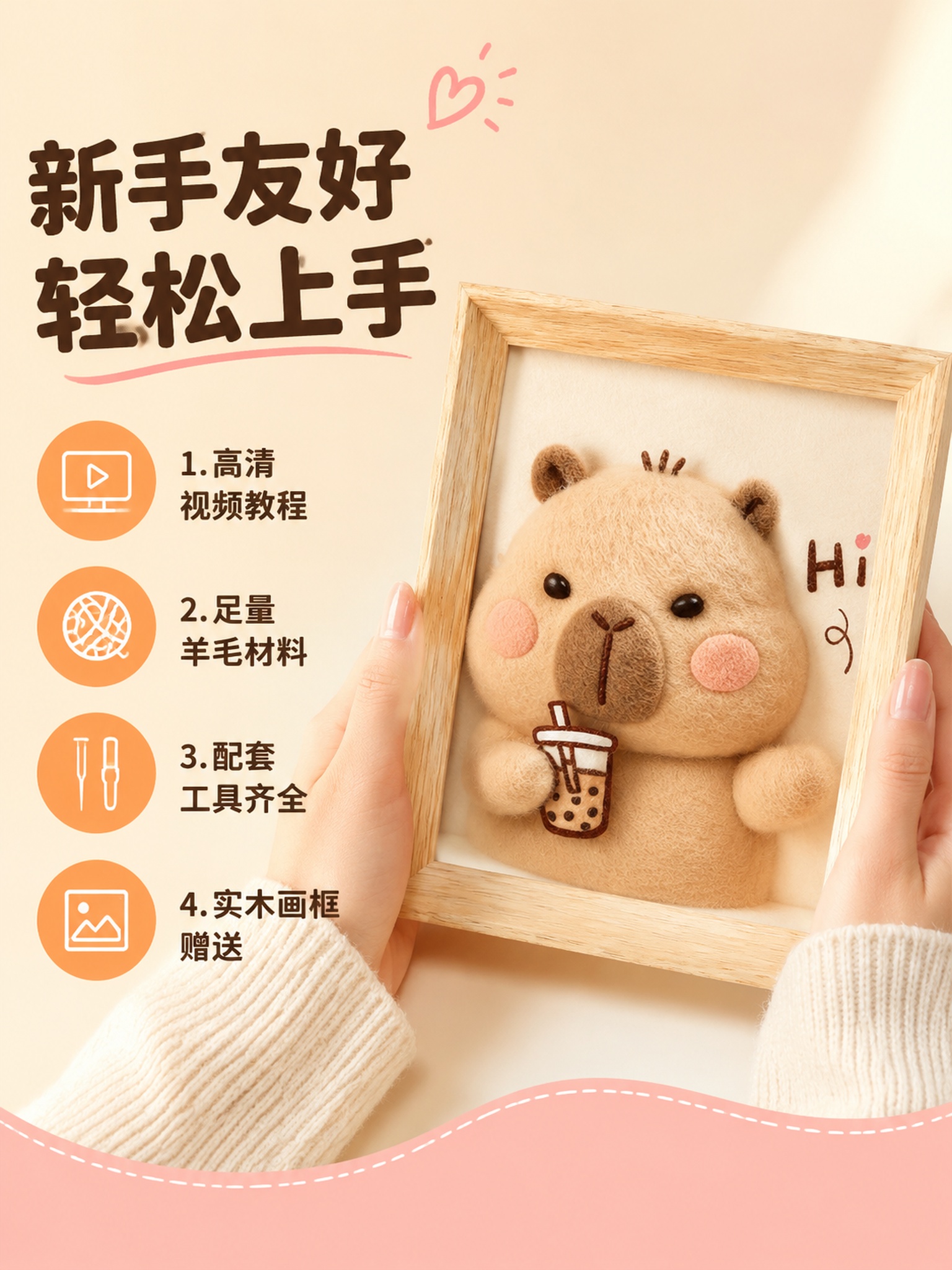 羊毛毡戳戳乐材料包核心亮点主图，可爱手工风格。画面中心偏右展示… - 图片创意预览