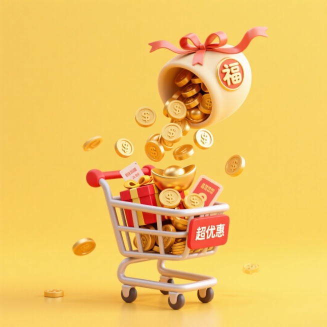 画面上方，一个福袋正倒出大量金币、金元宝，落入下方的购物车中，购物车里装满礼盒、金币、金元宝、优惠券，购物车侧面还挂着写有“超优惠”的红色标牌，黄色背景。预览效果
