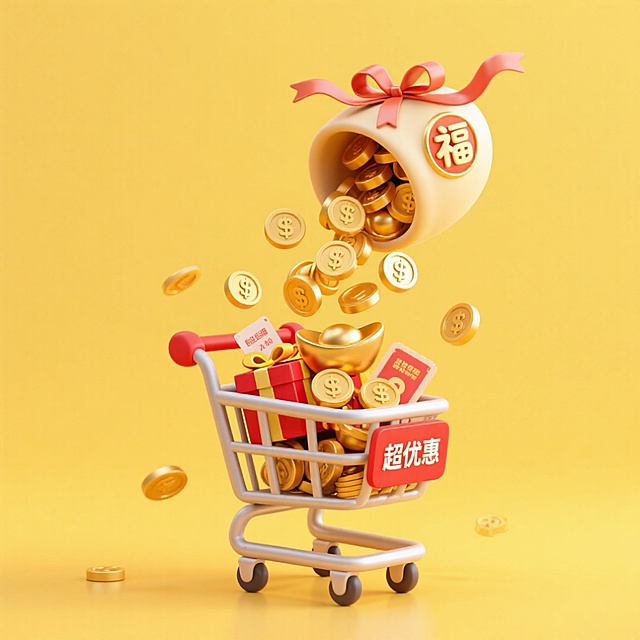 3D微缩艺术风格，国潮风与鎏金元素融合，购物车满载金币礼盒，福袋倾泻而下，喜庆感十足，传递新春超优惠节日氛围。