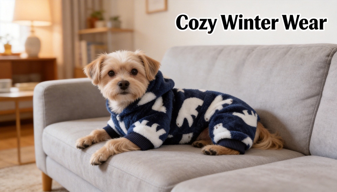 A cute small dog wearing the dark blue plush jumpsuit with white polar bear patterns, lying on a sof预览效果