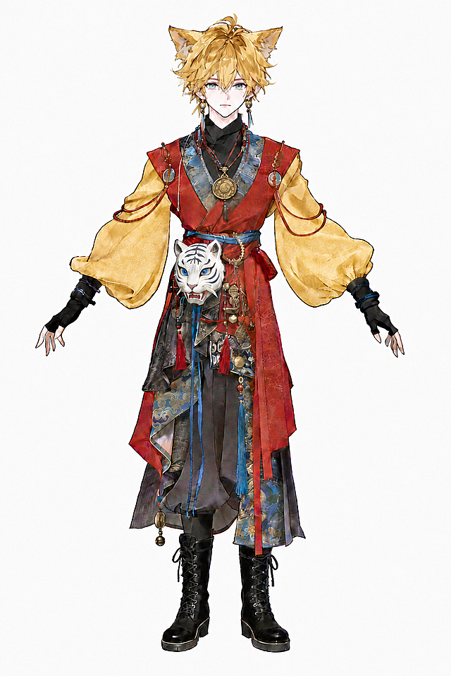 将图中两只宽大袖子的颜色改为黄色，搭配整体服饰风格，保持其余部分不变，保证颜色过渡自然协调