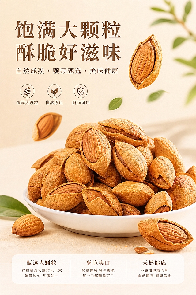 为巴旦木坚果产品制作一张产品介绍图，画面主体是图中的巴旦木，保留产品真实质感，背景简洁高级，突出产品的饱满、酥脆、天然健康的特点，适合电商产品介绍使用