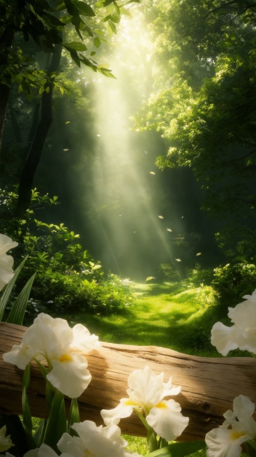 将图一的白色鸢尾花和木枝作为前景放置在图二的森林背景中，调整色调光影使画面和谐统一预览效果