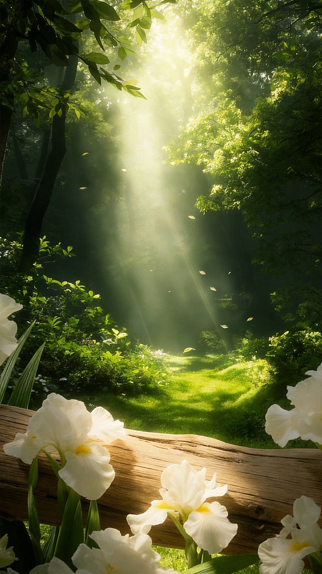 将图一的白色鸢尾花和木枝作为前景放置在图二的森林背景中，调整色调光影使画面和谐统一