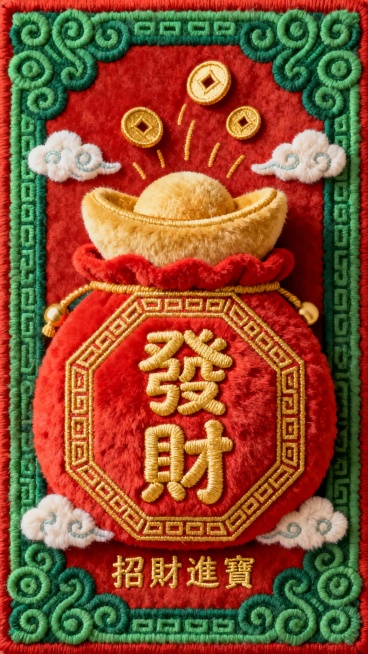 一张具有毛绒质感的刺绣风格发财主题装饰画，主体是一只色彩鲜艳的卡通元宝造型，元宝上方有飞舞的金色铜钱和祥云图案，周围环绕着绿色的传统卷草纹边框，中央是一个金色回纹装饰的八角形框，框内用圆润可爱的繁体金色字体绣着“發財”二字，底部还有“招財進寶”的金色小字，整体色调以喜庆的红色、金色和象征财富的绿色为主，毛绒质地细腻，刺绣图案精致立体，营造出浓厚的传统吉祥发财氛围。预览效果