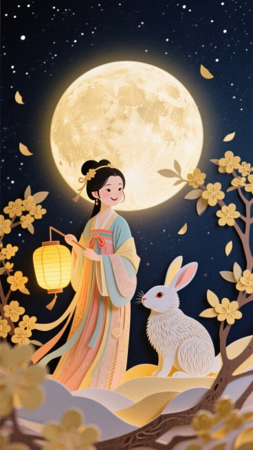 画面中心为手持灯笼的古装少女与玉兔，背景是巨大满月，四周点缀桂花枝与飘落花瓣，整体营造梦幻、温馨、喜庆氛围，视觉焦点在前景人物与玉兔，中景为发光满月，背景为深邃星空。预览效果
