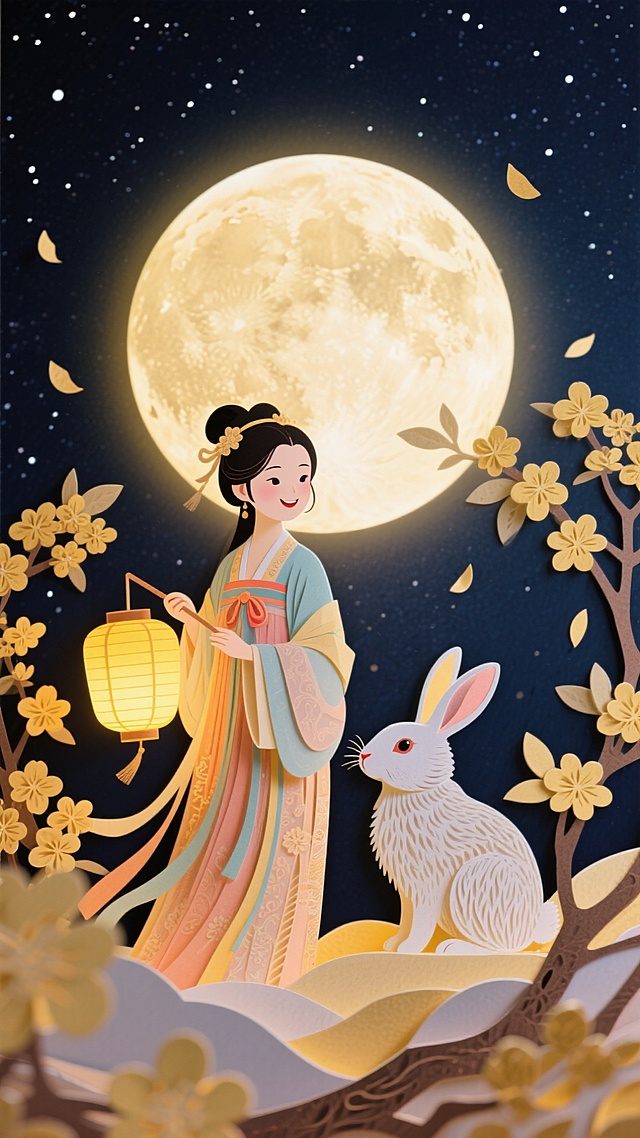 梦幻唯美中式插画，撕纸与剪纸风格交织，轻拟物手法呈现月下嫦娥与玉兔，浮世绘韵味点缀中秋意境。