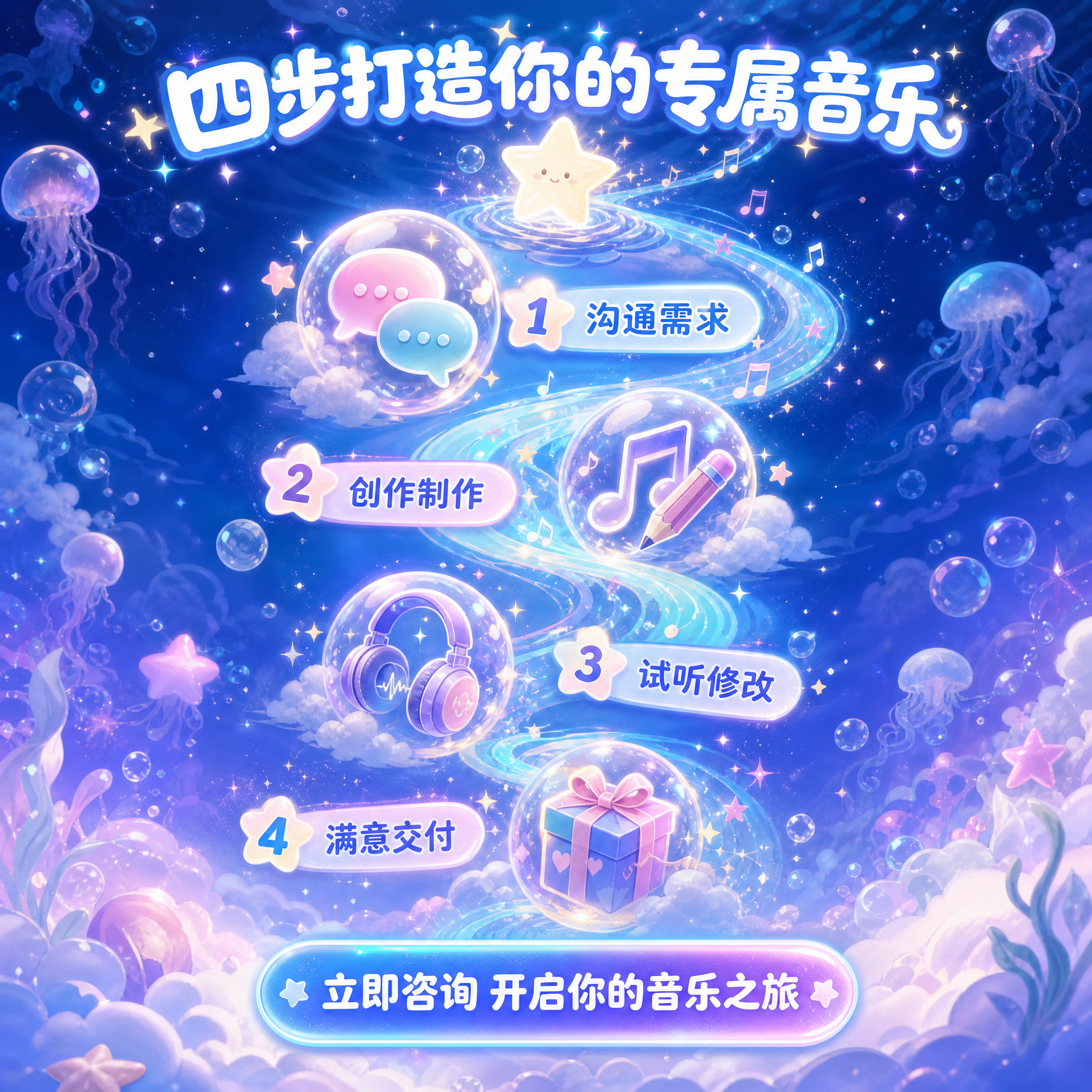 [主图-5] 音乐定制服务流程与下单引导，梦幻可爱风格。 [统… - 图片创意预览