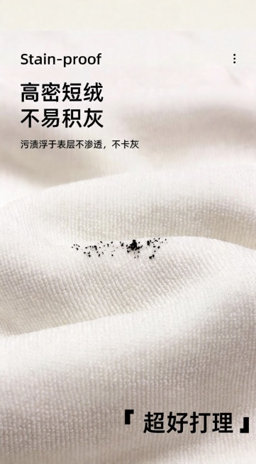 基于参考图生成电商竖版地垫防污卖点模块，1:1保留原图整体风格、超写实家居电商特写风、画面质感、排版结构、绒面肌理、污渍元素、光影色调、元素位置。仅替换全图文案为裂变后的同义词版本，核心卖点不变，裂变预览效果