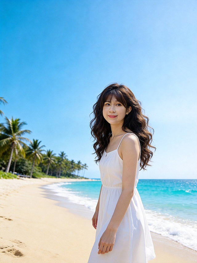 恢复原始海滩场景比例，保持人物和海滩内容不变，还原真实场景比例