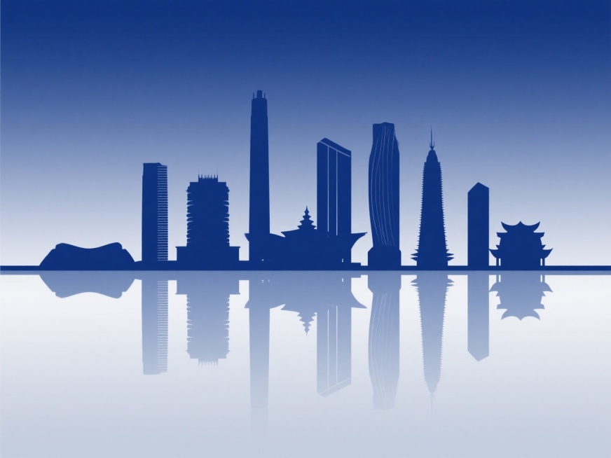 极简风格城市地标剪影，以深蓝色为主色调，渐变过渡，建筑轮廓线条简洁流畅，高楼与特色建筑剪影排列，底部配有清晰对称的水面倒影，整体构图平衡，留白充足，视觉层级明确，展现另一座城市的标志性天际线景观，设计感现代简约，信息传达清晰。预览效果