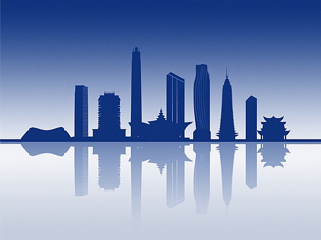 极简风格城市地标剪影，以深蓝色为主色调，渐变过渡，建筑轮廓线条简洁流畅，高楼与特色建筑剪影排列，底部配有清晰对称的水面倒影，整体构图平衡，留白充足，视觉层级明确，展现另一座城市的标志性天际线景观，设计感现代简约，信息传达清晰。