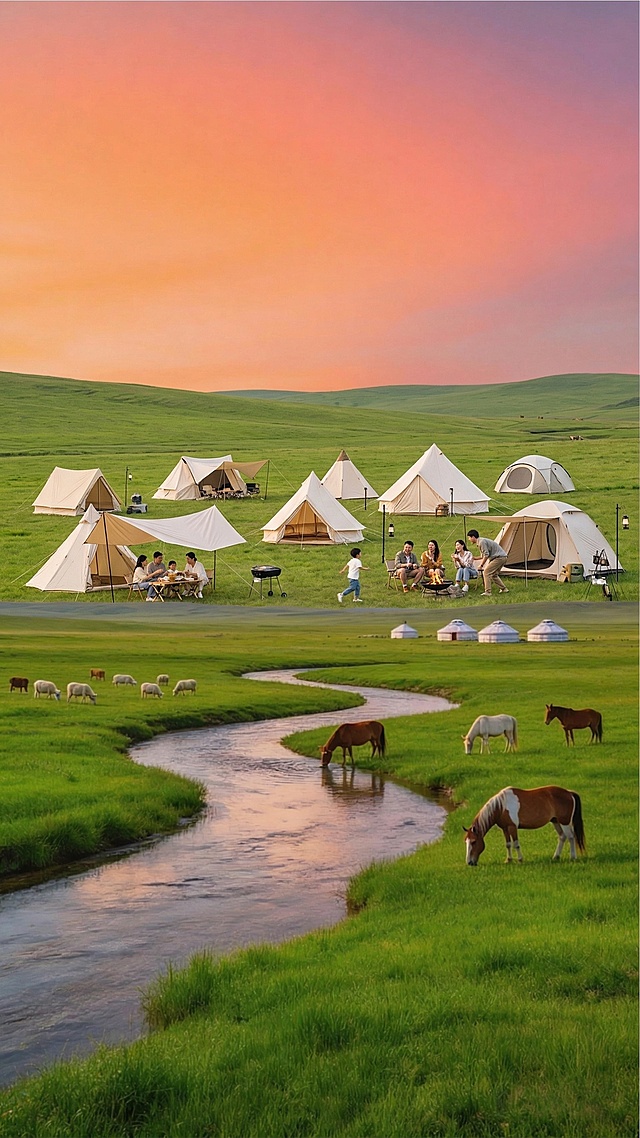 在远处草地上添加错落有致的米白色露营帐篷，部分帐篷带天幕部分不带，添加开心自然的中国人露营，保持画面清晰真实摄影风格，符合原图整体氛围