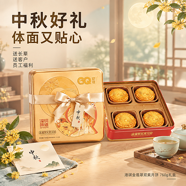 [主图-3] 港琪金翡翠双黄月饼礼盒送礼场景图，突出中秋送礼与公司福利的适配性。
[统一基调] 整体风格清新雅致，低饱和莫兰迪色调，背景以浅米色、淡青色、柔金色为主，避免大红大黄；字体采用简洁现代黑体，标题字色为深棕金色，辅助文字为深灰色；排版整齐有序，信息层级清晰，无杂乱大字报感。
[画面] 画面展示温馨的送礼场景：浅木色桌面上，港琪金翡翠双黄月饼金色铁盒礼盒居中摆放，礼盒系着淡雅的米金色丝带（非大红色）；礼盒左侧放着一张手写中秋贺卡与一枝桂花，右侧搭配精致的陶瓷茶杯与茶盘；背景是模糊的中式书房或客厅环境，有柔和的窗光洒入；画面上方有淡淡的月光与桂花飘落效果；整体营造体面、雅致的送礼氛围，暗示中秋佳节送长辈、送客户、公司发福利的多重场景。
[光影质感] 自然窗边柔光，主光从右上方斜射，礼盒表面有柔和高光，丝带质感细腻，桌面有自然投影，整体温暖治愈的生活摄影质感，氛围舒适。
[配色] 背景浅木色+米白渐变，点缀淡青色与柔金色，标题深棕金色，整体色调温暖清新，无高饱和色。
[文字版式] 画面左上角主标题两行：第一行"中秋好礼"字号最大加粗，第二行"体面又贴心"字号稍小；主标题下方辅助文案："送长辈 送客户 员工福利"分三行小字号排列；右下角小字"港琪金翡翠双黄月饼 760g礼盒"；文字均左对齐，排版疏朗，不遮挡礼盒主体。
[输出要求] 1:1正方形，2048px，文字清晰可读，礼盒外观与原图一致，场景自然真实；负向：变形、错字、模糊、杂乱、水印、平台Logo、大红大紫、夸张促销、人物面部