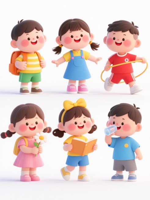 Q版可爱卡通风格儿童系列素材套系，六个圆胖脸型的儿童规整排列在白色背景上，每个孩子都有红扑扑的脸颊、水汪汪的大眼睛和灿烂的笑容，整体采用明亮鲜艳的色彩搭配，线条圆润流畅。第一个孩子是男孩，穿着黄色条纹上衣和绿色短裤，背着橙色书包；第二个孩子是女孩，梳着双马尾，穿着蓝色背带裙和粉色鞋子，张开双臂；第三个孩子是女孩，扎着两个黄色蝴蝶结，穿着黄色上衣和蓝色短裤，手持书本；第四个孩子是男孩，穿着红色运……预览效果
