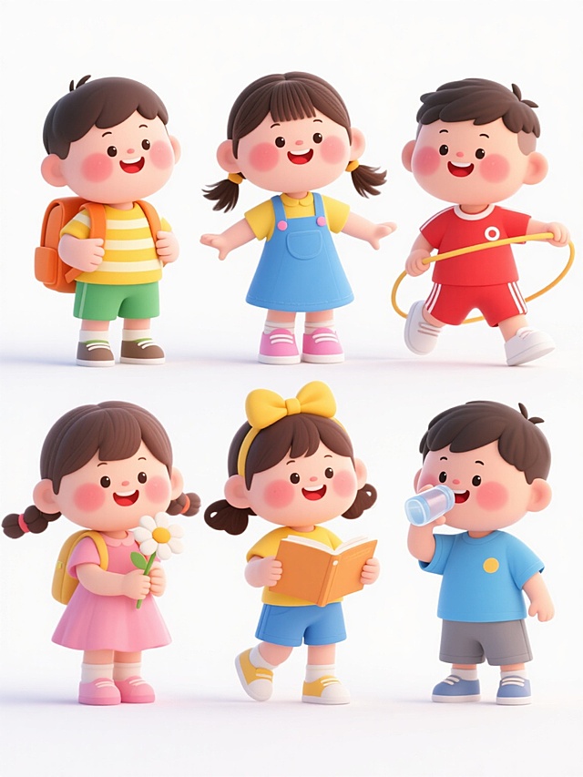 Q版可爱卡通风格儿童系列素材套系，六个圆胖脸型的儿童规整排列在白色背景上，每个孩子都有红扑扑的脸颊、水汪汪的大眼睛和灿烂的笑容，整体采用明亮鲜艳的色彩搭配，线条圆润流畅。第一个孩子是男孩，穿着黄色条纹上衣和绿色短裤，背着橙色书包；第二个孩子是女孩，梳着双马尾，穿着蓝色背带裙和粉色鞋子，张开双臂；第三个孩子是女孩，扎着两个黄色蝴蝶结，穿着黄色上衣和蓝色短裤，手持书本；第四个孩子是男孩，穿着红色运动服，正在跳绳；第五个孩子是女孩，穿着粉色连衣裙，手里拿着一朵花；第六个孩子是男孩，穿着蓝色T恤和灰色短裤，正在喝水。整体氛围活泼欢快，充满童真童趣。