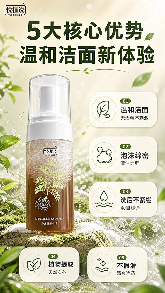 [单张主图] 悦植说草本养肤洁面慕斯 100ml，爆款促销感主图，复刻参考图的风格和版式布局，9:16竖版淘宝天猫电商主图，突出5大核心优势与温和洁面新体验。

[参考比对] 参考图为草本植萃洁面慕斯卖点信息图，采用顶部大标题+中部产品主体+右侧竖排卖点卡片+底部横排卖点卡片的版式，天然草本绿色调，产品置于带苔藓的石头上，周围有绿叶和水花泡沫元素，信息层级清晰。本次复刻保留该版式结构和草本天然风格，将6大优势改为5大核心优势，替换为当前商品的卖点文案，产品外观与输入图一致，比例调整为9:16竖版。

[画面主体] 画面中左侧偏下位置放置1瓶悦植说草本养肤洁面慕斯，正面朝向观众，瓶身棕褐色内含草本植物根系图案，白色泵头+透明外罩，瓶身标签文字清晰，产品占画面约45%-55%，产品外观、颜色、结构、Logo与输入产品图完全一致。

[构图版式] 采用顶部大标题+中部产品主体+右侧竖排卖点卡片+底部横排卖点卡片的版式（复刻参考图布局），竖版9:16比例。顶部约20%区域放主标题，中部左侧放产品主体，右侧竖排3个圆角卖点卡片，底部横排2个圆角卖点卡片，形成5大核心优势的完整布局。

[场景元素] 背景为浅米色到淡绿色的柔和渐变，营造天然草本清新感。产品放置在一块带绿色苔藓的天然石头上，石头周围有清澈的水花和绵密的白色泡沫，表现洁面慕斯的泡沫质地。画面左侧和底部点缀几片新鲜的绿色草本叶子，叶片自然飘落，增加生机。背景有轻微的光斑和水雾效果，整体通透干净。

[文案版式] 顶部居中放置两行超大主标题，深绿色粗黑体：第一行"5大核心优势"，第二行"温和洁面新体验"，字号最大，字重最粗，两行之间有细绿色装饰线和小叶子图标。右侧竖排3个米白色圆角矩形卡片，每个卡片左侧是绿色线稿图标，右侧是编号+标题+副标题：01温和洁面 无酒精不刺激（叶子图标）、02泡沫绵密 清洁力强（泡沫云朵图标）、03洗后不紧绷 水润舒适（水滴波浪图标）。底部横排2个相同风格的米白色圆角卡片：04植物提取 天然安心（双叶图标）、05不假滑 清爽净透（水纹星光图标）。所有编号为深绿色圆角底白字，主标题深绿色粗体，副标题浅灰色细体。左上角保留悦植说品牌Logo，与产品瓶身一致。

[光影质感] 自然光从左上方斜射，产品表面有柔和高光，瓶身透明部分有通透折射效果，石头和泡沫有自然阴影，整体柔光箱质感，干净明亮，商业摄影级3D渲染质感，景深适中，背景轻微虚化突出主体。

[配色字体] 主色调：草本深绿色、米白色、浅米色、淡绿色。强调色：深绿色。字体：主标题用粗黑体，副标题用常规无衬线体，整体字体清晰现代，字重对比明显，主标题最大，辅助文字缩小50%以上。

[比例分辨率] 9:16竖版比例，2K分辨率，文字清晰可辨，产品细节锐利。

[负向提示词] 产品变形、瓶身错字、Logo变形、文字模糊、水印、平台Logo、杂乱背景、多余人物、手部畸形、穿模、悬浮、边缘硬切、白底残留、色彩暗沉、过度锐化、伪Logo、错字漏字。