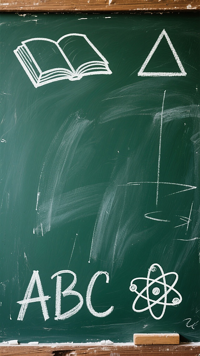 一块深绿色的黑板，表面布满自然的白色粉笔划痕和轻微磨损痕迹，呈现出复古的教学氛围。左上角用白色粉笔画着一本打开的书的简笔画，右上角是一个空心的三角形几何图形，左下角写着歪扭的“ABC”字母，右下角则是一个原子结构的简笔画。整体画面以黑板的绿色为基调，白色粉笔线条简洁而略带随意感，营造出一种质朴、沉静且充满知识气息的教室场景。