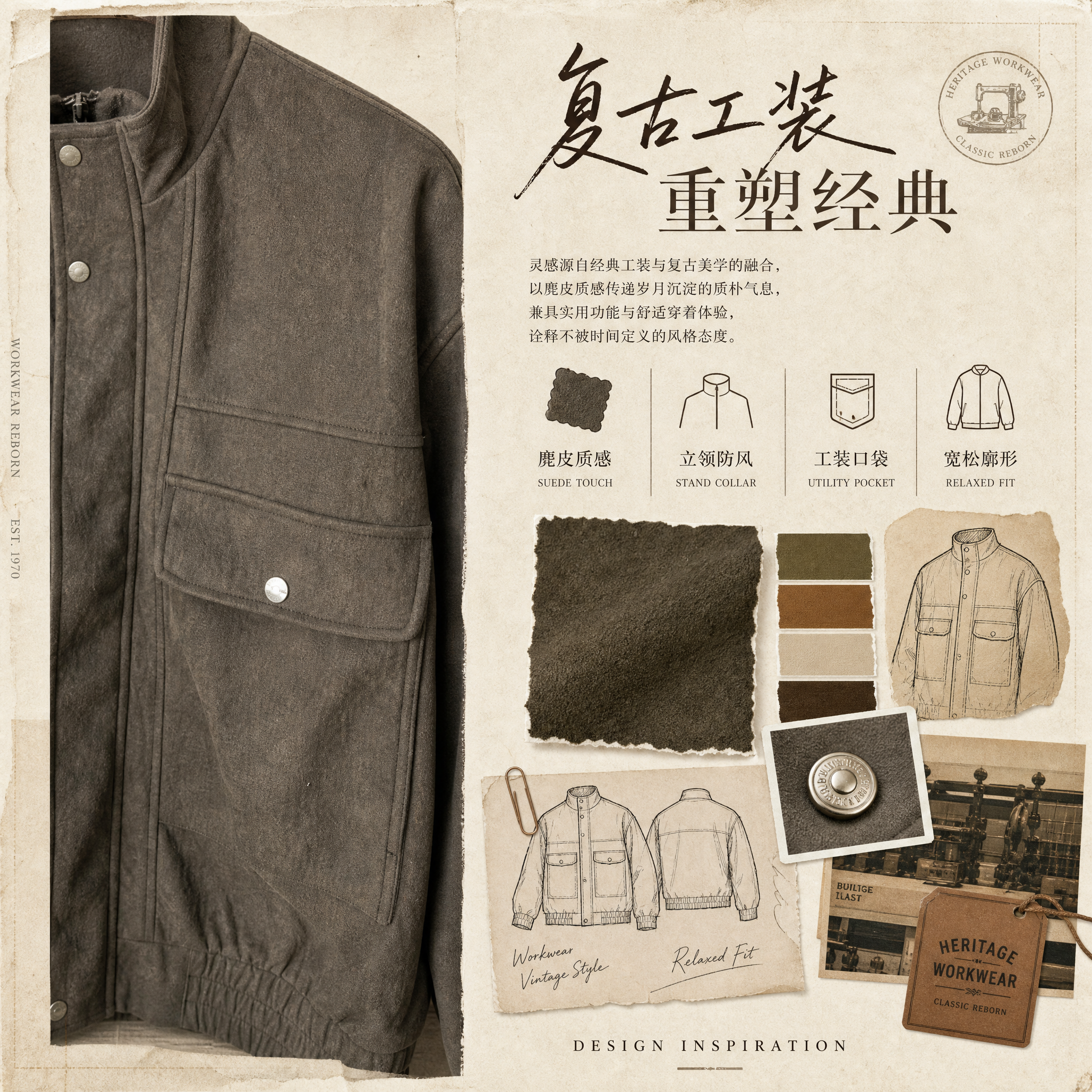 [第2张] 详情页设计理念页-复古工装风灵感与风格关键词。本张… - 图片创意预览