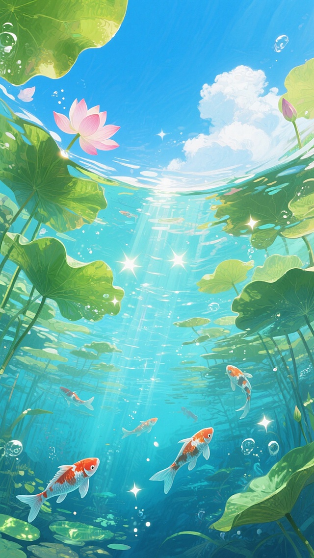 梦幻水彩风插画，清透光影交织，锦鲤游弋于莲叶间，粒子闪烁，呈现唯美优雅的虚拟自然之境。
